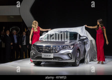 Detroit, Michigan, USA. 15 Jan, 2018. Die chinesischen Automobilhersteller GAC Motor stellte seine GA 4 kleine Limousine auf der North American International Auto Show. Die Firma sagte, beginnt der Verkauf von Autos in den Vereinigten Staaten im Jahr 2019. Quelle: Jim West/Alamy leben Nachrichten Stockfoto