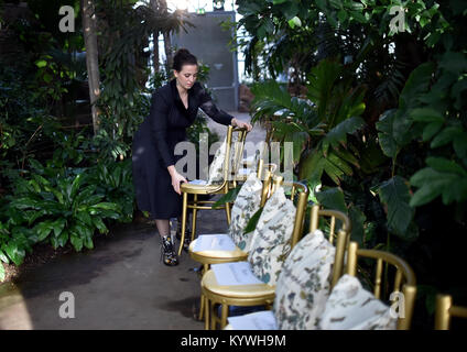 Berlin, Deutschland. 16 Jan, 2018. Die Designerin Lena Hoschek Vorbereitung ihrer Show im botanischen Garten in Berlin, Deutschland, 16. Januar 2018. Kollektionen für die Saison Herbst/Winter 2018/2019 sind auf der Berlin Fashion Week präsentierte. Quelle: Britta Pedersen/dpa/Alamy leben Nachrichten Stockfoto