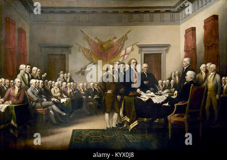 Das Komitee von fünf Mitgliedern des Zweiten Kontinentalkongresses war ein Team von fünf Männern, die die Unabhängigkeitserklärung Amerikas vom 4. Juli 1776 entwarfen und dem Kongress vorlegten. Dieses Deklarationskomitee arbeitete vom 11. Juni 1776 bis zum 5. Juli 1776, dem Tag, an dem die Deklaration veröffentlicht wurde. John Hancock sitzt als Vorsitzender auf der rechten Seite Stockfoto