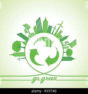 Eco Energiekonzept mit Blatt, Stadtbild und Papierkorb Symbol Vektor Stock Vektor