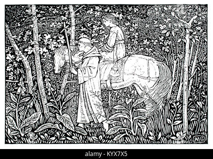 Frau auf dem Pferd geführt von Mönch durch Wald, mittelalterliche Szene Illustration von Arthur Joseph Gaskin von Hans Christian Andersen die Märchen der Stockfoto