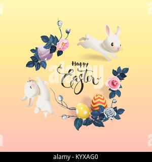 Frohe Ostern Inschrift von gestalteten Eier umgeben, niedliche weiße Häschen und schönen farbigen rosa Blüten. Urlaub wünschen und saisonale Dekorationen. Vector Illustration für Grußkarten, Banner Stock Vektor