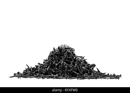 Gruppe von schwarzen Schrauben für die Befestigung von Gipskartonplatten auf Metallprofilen Stockfoto