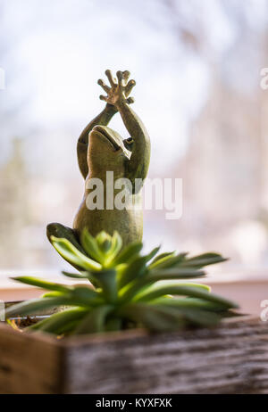 Yoga Frosch in die Baumhaltung. Figur Statue mit saftigen Haus im sonnigen Fenster. niedlich Grün kleine Objekt mit den Händen in der Luft lächelnd. Soft Focus. Stockfoto