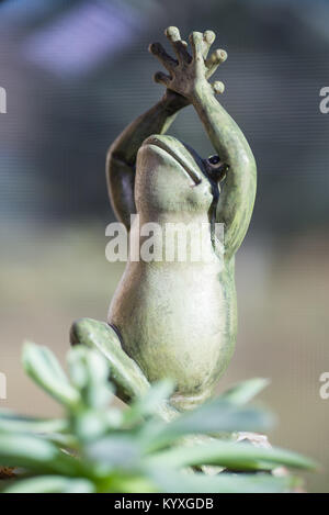 Yoga Frosch in die Baumhaltung. Figur Statue mit saftigen Haus im sonnigen Fenster. niedlich Grün kleine Objekt mit den Händen in der Luft lächelnd. Soft Focus. Stockfoto