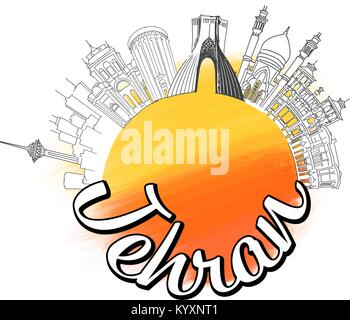 Teheran Reisen logo Skizze. Farbige skyline Vector Illustration mit Aquarell Hintergrund und Typo. Stock Vektor