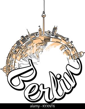 Berlin reisen logo Konzept Design. Farbige skyline Vector Illustration mit Aquarell Hintergrund und Typo. Stock Vektor