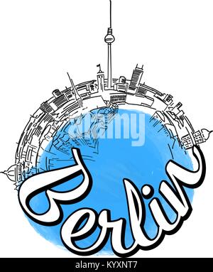 Berlin reisen logo Skizze. Farbige skyline Vector Illustration mit Aquarell Hintergrund und Typo. Stock Vektor