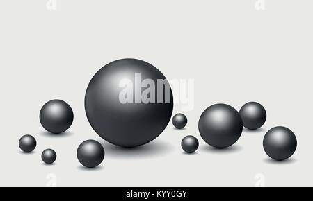 Set Vector Illustration von realistischen schwarzen Perlen mit Schatten und Reflexionen auf weißem Hintergrund Stock Vektor