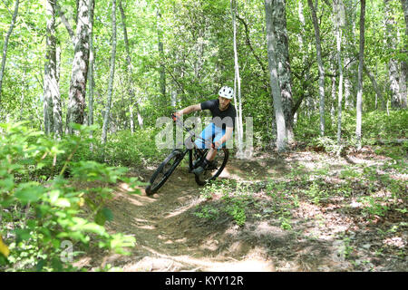 Sicher mann Mountainbiken auf Schmutz der Straße im Wald Stockfoto