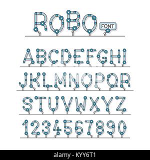 Umfassende technische Roboter Font Zahlen und Großbuchstaben kapital Anzeige Alphabet Buchstaben in einem blauen Texturierte zeitgenössisches Design isoliert auf weißem Stock Vektor