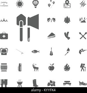 Schaufel und Ax-Symbol. Camping und Erholung im Freien Icons einstellen. Stock Vektor