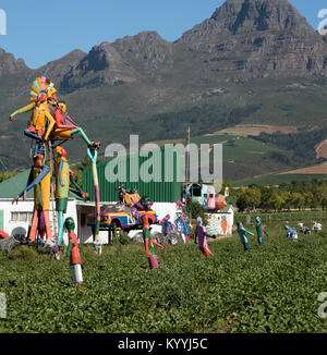 Stellenbosch Somerset West Road in der Western Cape Südafrika. Dezember 2017. Scarcrows auf einem strawberry Farm Stockfoto