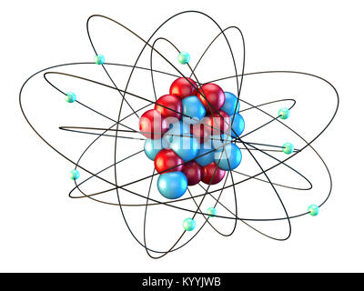 Fluoratom mit neun Elektronen, die neun Protonen und zehn Neutronen umkreisen. Chemische Elemente. Stockfoto