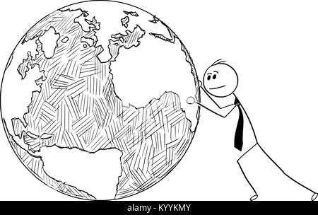 Konzeptionelle Cartoon der Unternehmer drücken World Globe Stock Vektor