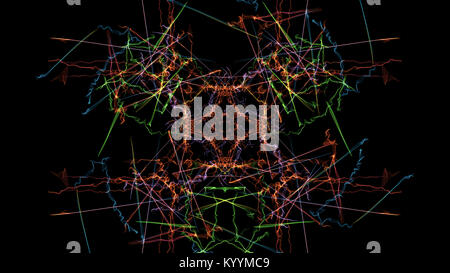 Moderne abstrakte farbige Linien auf schwarzem Hintergrund. Seide Symmetrie Serie. Stockfoto