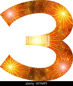 Mathematische Zeichen, Nummer drei, stilisierte gold und orange Urlaub Feuerwerk mit Stars und Flares, Element für Web Design. Eps 10, enthält transparenci Stock Vektor