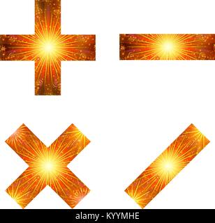 Der mathematische Zeichen Plus, Minus, Multiplikation und Division, stilisierte gold und orange Urlaub Feuerwerk mit Stars und Flares, Elemente für Web Stock Vektor