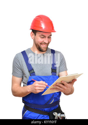 Isolierte Handwerker Bauarbeiter assembler Handwerker - freundliche Mitarbeiter in Arbeitskleidung auf weißem Hintergrund Stockfoto