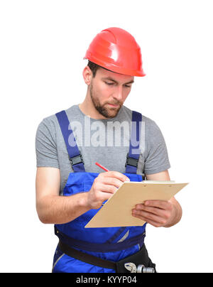 Isolierte Handwerker Bauarbeiter assembler Handwerker - freundliche Mitarbeiter in Arbeitskleidung auf weißem Hintergrund Stockfoto