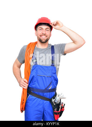 Isolierte Handwerker Bauarbeiter assembler Handwerker - freundliche Mitarbeiter in Arbeitskleidung auf weißem Hintergrund Stockfoto