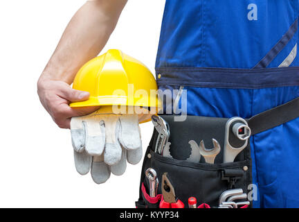 Isolierte Handwerker Bauarbeiter assembler Handwerker - freundliche Mitarbeiter in Arbeitskleidung auf weißem Hintergrund Stockfoto