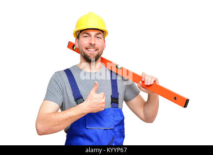 Isolierte Handwerker Bauarbeiter assembler Handwerker - freundliche Mitarbeiter in Arbeitskleidung auf weißem Hintergrund Stockfoto