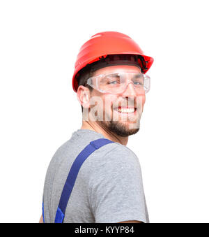 Isolierte Handwerker Bauarbeiter assembler Handwerker - freundliche Mitarbeiter in Arbeitskleidung auf weißem Hintergrund Stockfoto