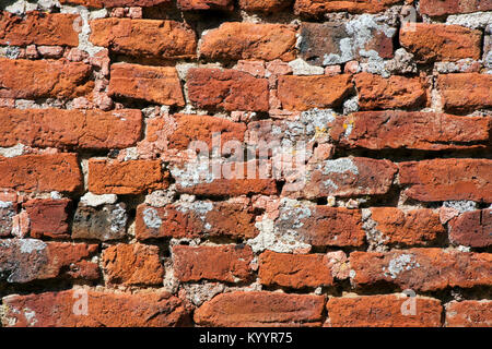 Sehr alte verwitterte, beschädigte, schlecht reparierte handgemachte roten Backsteinmauer hautnah Stockfoto