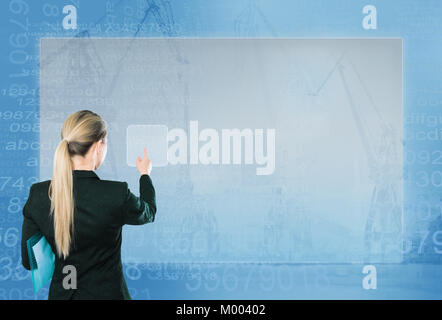 Business woman Drücken high tech Typ des modernen Tasten auf virtuelle Hintergrund Stockfoto