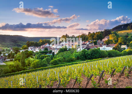 Pernand-Vergelesses Burgund Wein Dorf Landschaft bei Sonnenuntergang in premier cru Weinberge mit grand cru Hügel von Corton Côte d'Or Burgund Frankreich Stockfoto