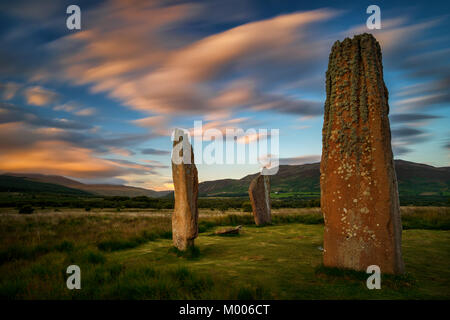 Machrie Moor Steine im Abendlicht, Isle of Arran, Schottland Stockfoto