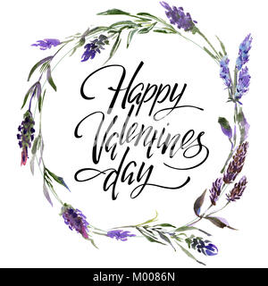 Valentine Blumenkranz. Aquarell Blume Illustration mit Aufschrift happy valentines Tag Stockfoto