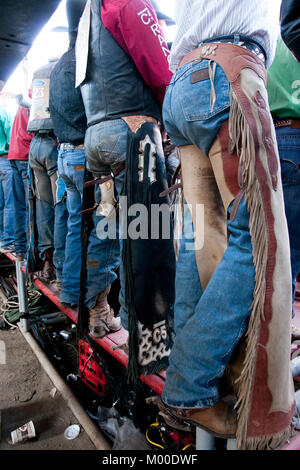 St-Tite, Kanada, 10. September 2011. Reihe der Cowboys warten, während man die Wettbewerbe im St-Tite Western Festival. Kredit: Mario Beaur Stockfoto