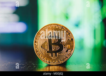 Golden bitcoin Münze auf eine Reflexion der Oberfläche mit grünem Hintergrund Stockfoto