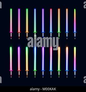 Sammlung von bunten leuchtenden Sabre auf dunkelblauem Hintergrund isoliert. Neon light gradient Schwerter. Leuchtende Waffe Elemente für kosmischen Krieg game design. Futuristische Vector Illustration. EPS 10. Stock Vektor