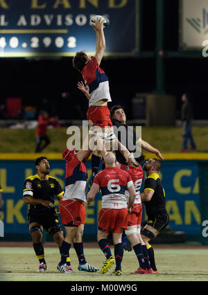 UBCOB Ravens lock Sam Clarke (5) Rollen in der Kugel auf dem lineout während der Ausstellung Übereinstimmung zwischen dem Houston SaberCats und die UBCOB Ravens an der Konstellation Feld, Sugar Land, Texas Stockfoto