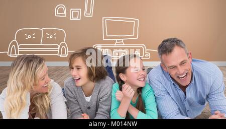 Familie zusammen lachen Spaß mit nach Hause und Fernsehen Zeichnungen Stockfoto