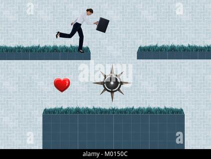 Geschäftsfrau in Computer Game Level mit Herz und Trap Stockfoto