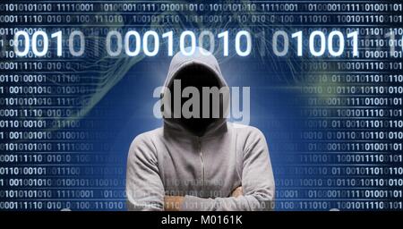 Anonyme Hacker mit computer Code binäre Schnittstelle Stockfoto