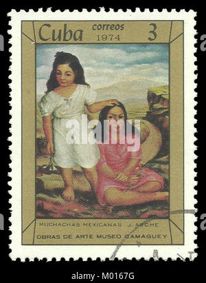 Kuba - Stempel 1974: Colour Edition zur Kunst in Camaguey Museum, zeigt Malerei mexikanische Mädchen von Arche. Stockfoto