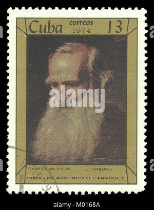 Kuba - Stempel 1974: Colour Edition zur Kunst in Camaguey Museum, zeigt die Malerei Alte Mann Kopf durch Arburu Stockfoto