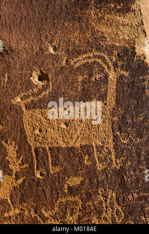 Petroglyph von Dickhornschafen, die Einschusslöcher verwüstet, in Nine Mile Canyon, Utah, USA Stockfoto