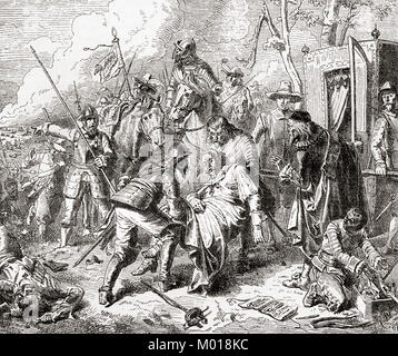 Tilly tödlich in der Schlacht bei Rain aka Kampf der Fluss Lech oder Schlacht von Lech, 15. April 1632 verwundet. Johann Tserclaes Graf von Tilly, 1559 - 1632. Feldmarschall, Kommandeur der Truppen der Katholischen Liga im Dreißigjährigen Krieg. Von Station und Lock's illustrierte Geschichte der Welt, veröffentlicht C 1882. Stockfoto