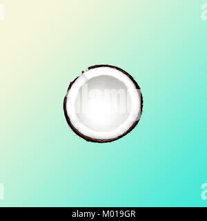 Coconut Flach Hälfte isoliert Coconut in Peel liegt auf bunten Farbverlauf Hintergrund Draufsicht trendigen bunten Foto mockup mit Platz für Text Stockfoto