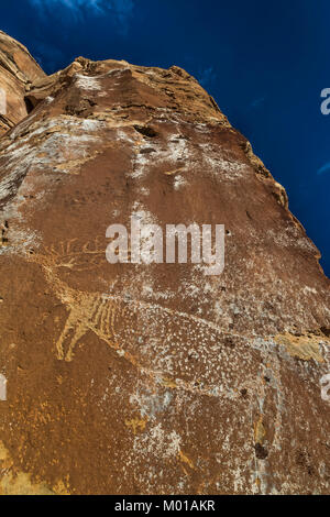 Elk Petroglyph auf einer Klippe hoch über Nine Mile Canyon, Utah, USA Stockfoto