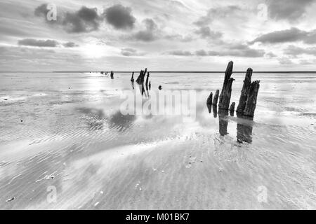 Schwarz-weiß Bild von Schlamm ebenen Landschaft einer teils bewölkte Himmel in einem flachen Meer reflektiert werden, mit alten verwitterten Holzpfähle. Stockfoto