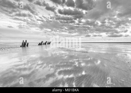 Schwarz-weiß Bild von Schlamm ebenen Landschaft einer teils bewölkte Himmel in einem flachen Meer reflektiert werden, mit alten verwitterten Holzpfähle. Stockfoto