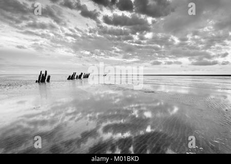 Schwarz-weiß Bild von Schlamm ebenen Landschaft einer teils bewölkte Himmel in einem flachen Meer reflektiert werden, mit alten verwitterten Holzpfähle. Stockfoto