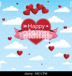 Die Abdeckung mit der Meldung: Happy Valentines Tag auf ein rotes Herz mit Rosa Band auf einem blauen Himmel mit Wolken und Luftballons Hintergrund umgeben Stock Vektor